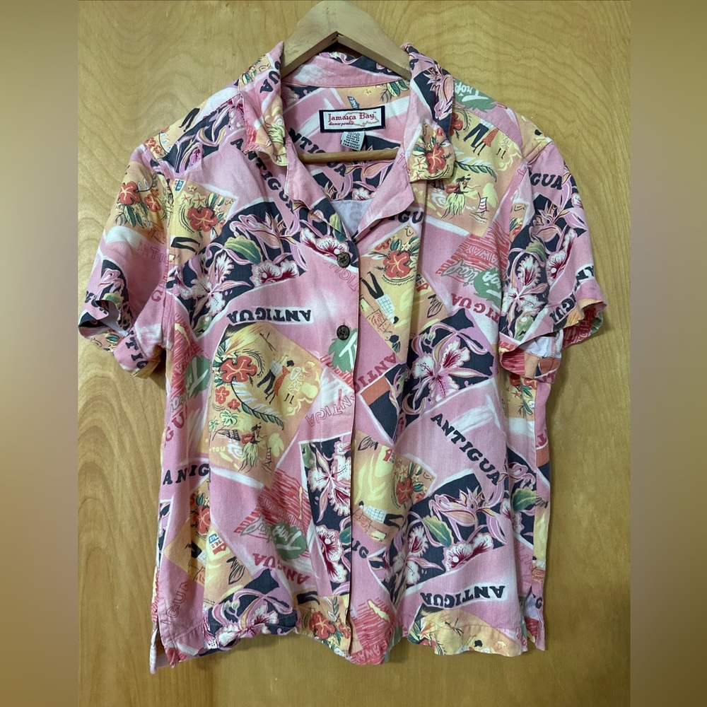 Jamaica Bay Postcard Print Hawaiian Shirt Women's L Coral Pink Short Sleeve